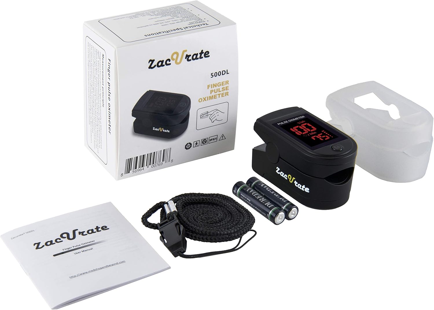 Zacurate Pro Series 500DL Fingertip Pulse Oximeter Blood Oxygen Saturation Monitor with Silicon Cover, Batteries and Lanyard (Royal Black): Health & Personal Care