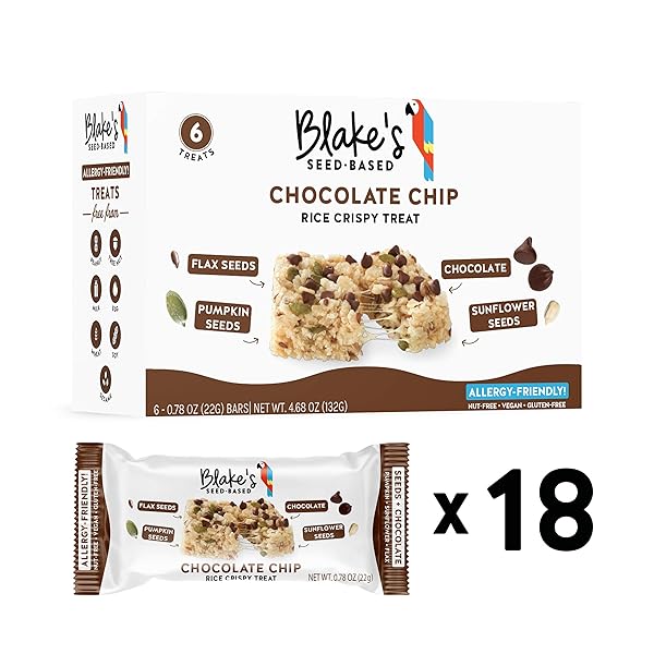 BLAKE’S SEED BASED RICE CRISPY TREATS – CHOCOLATE CHIP (6 COUNT), NUT FREE, GLUTEN FREE, DAIRY FREE & VEGAN, HEALTHY SNACKS FOR KIDS OR ADULTS, SCHOOL SAFE, LOW CALORIE ORGANIC SOY FREE SNACK