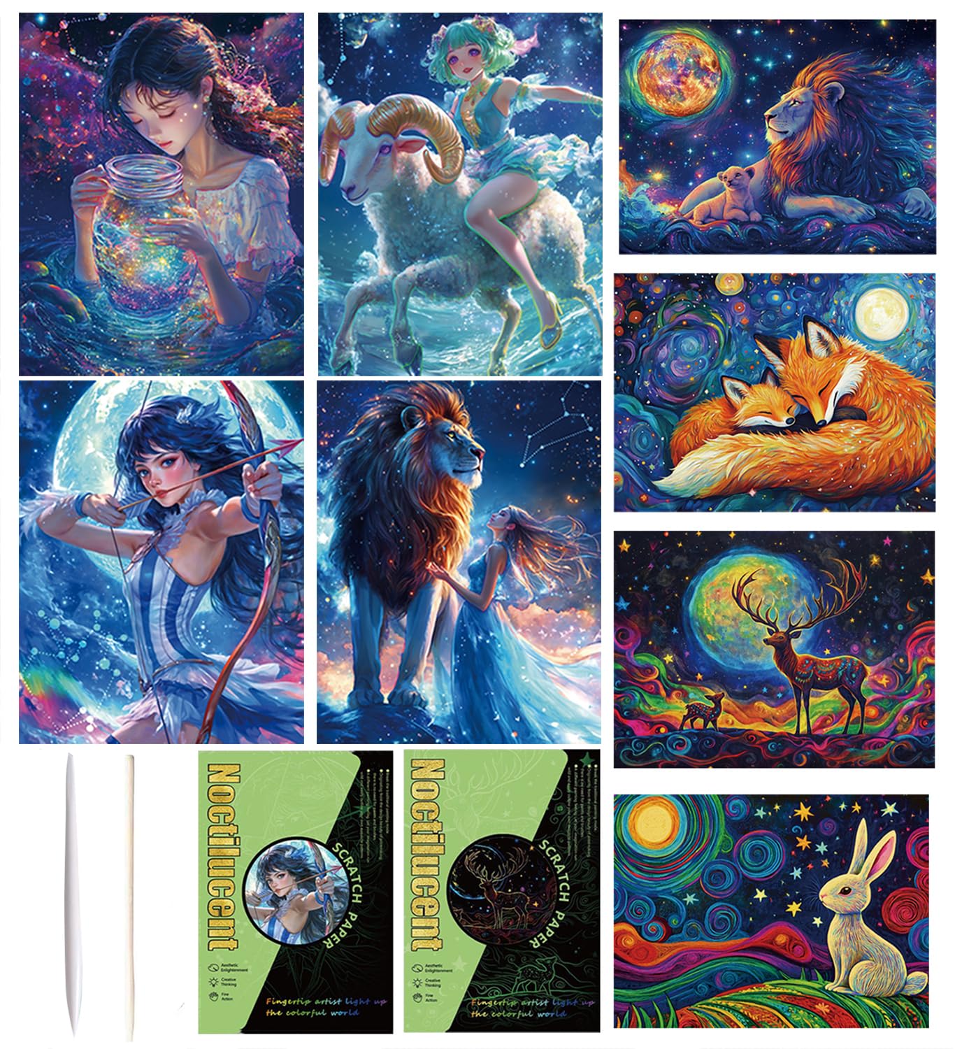 Georgie Porgy Scratch Picture Set DIY Craft Kits for Children & Adults: Magic Rainbow A4 Scratch Paper (Glow-in-the-Dark Star Beast + Constellation) โ image 1