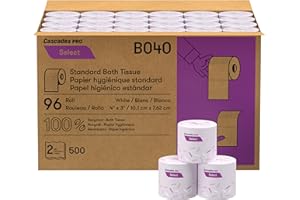 Cascades PRO Soft and Strong Bathroom Tissue – 2-Ply Toilet Paper Rolls for Commercial and Office Restrooms – Individually Wrapped, Recycled Fibers – 500 Sheets/Roll - 96 Rolls/Box – B040- White