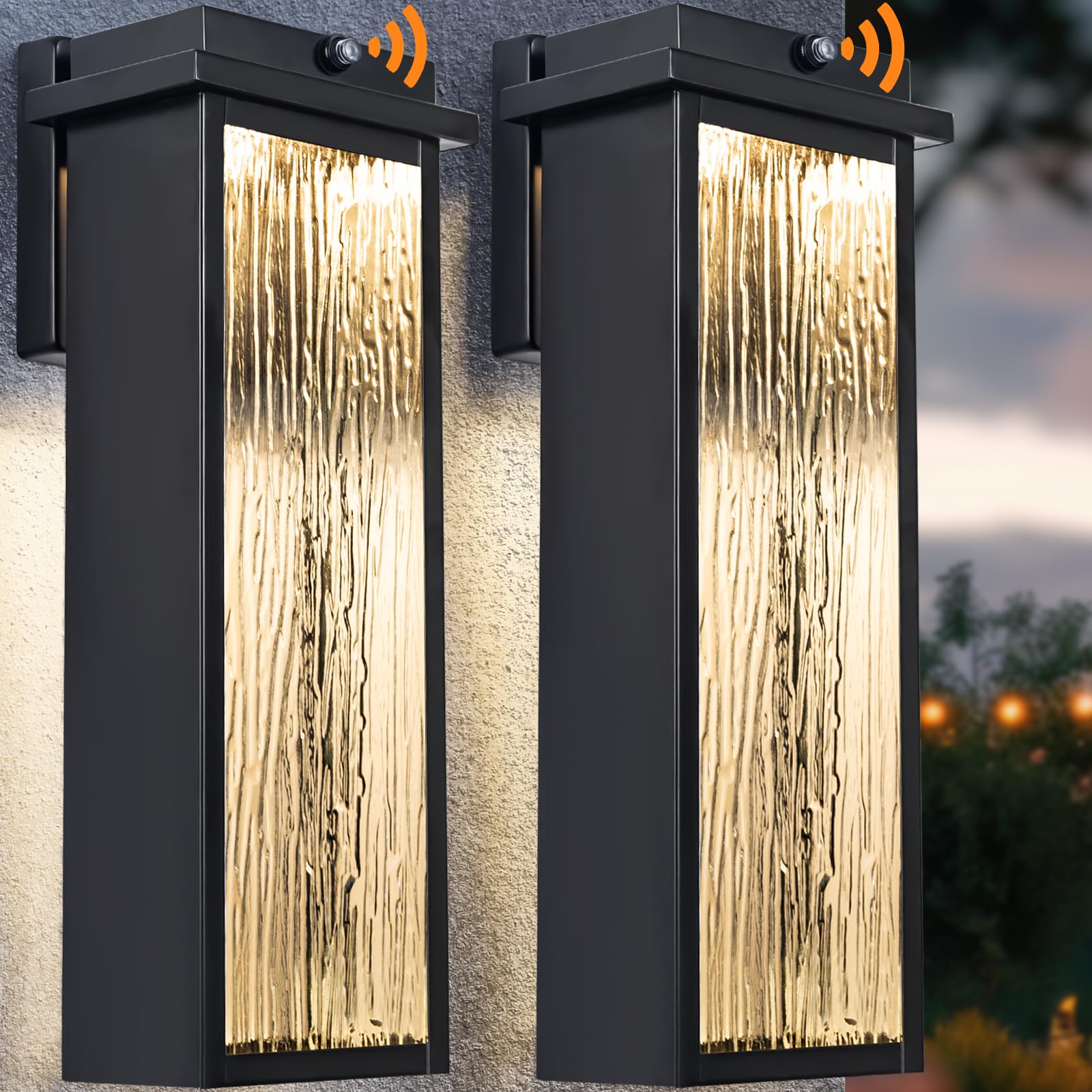 Photo 1 of 20" Extra Large Dusk to Dawn LED Outdoor Light 2 Packs, Black Modern Exterior Lighting Fixtures, Outside Porch Lights Wall Mount, Mid-Century Wall Lantern with Rippled Glass Patio Sconce Lamp