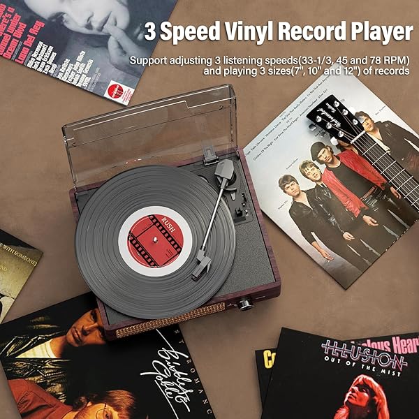 VINYL RECORD PLAYER TURNTABLE WITH BUILT-IN BLUETOOTH RECEIVER & 2 STEREO SPEAKERS, 3 SPEED 3 SIZE PORTABLE RETRO RECORD PLAYER FOR ENTERTAINMENT AND HOME DECORATION