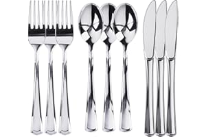 Prestee 600 Piece Plastic Silverware Set - 200 Silver Plastic Forks, Spoons and Knives - Heavy-Duty Utensils - Reusable and Disposable Cutlery Set for Weddings, Thanksgiving, and Christmas Parties