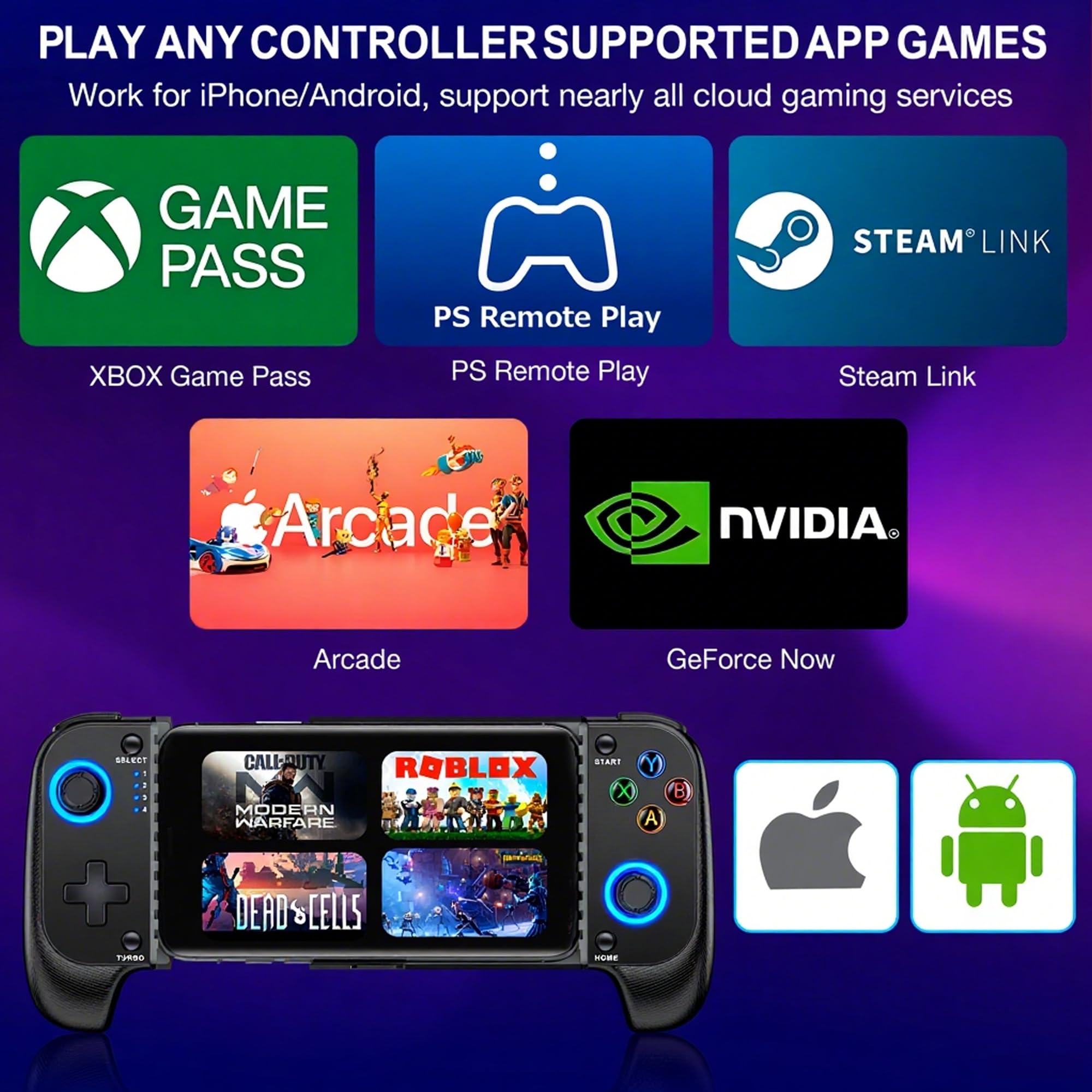 Wireless Phone Controller for iPhone/Android with Hall Joystick, Moblie Controller for iPhone Support Xbox Game Pass, Steam Link, Call of Duty, Roblox, Android & iPhone Game Controller