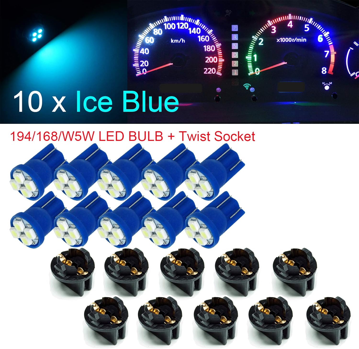 PA 10x T10 168 194 Led instrument Panel Dash Light Bulb 1/2" Twist Lock Socket -12V (Ice Blue)
