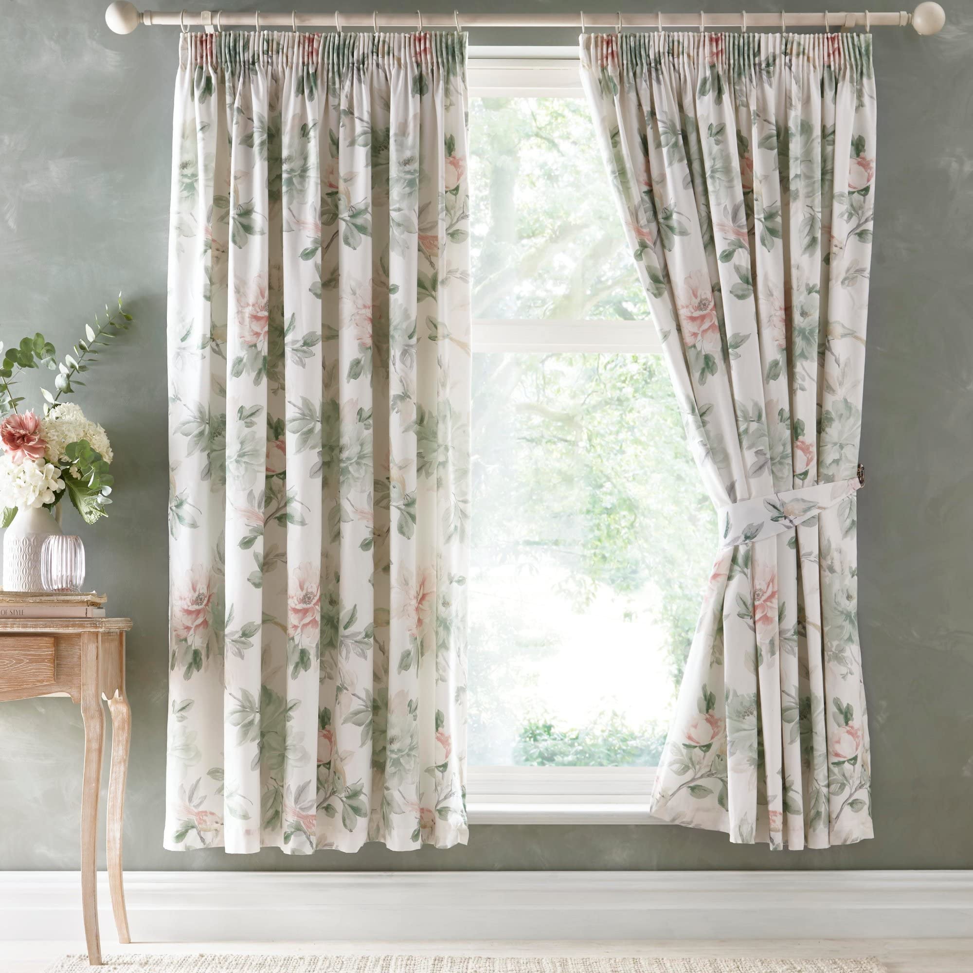 Appletree Heritage - Campion - 100% Cotton Pair of Pencil Pleat Curtains With Tie-Backs - 66" Width x 72" Drop (168 x 183cm) in Green/Coral