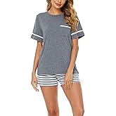 Reliwel Cotton Pajamas for Women Set Short Sleeve Womens Pajama Sets Round Neck Top and Pj Shorts with Pocket