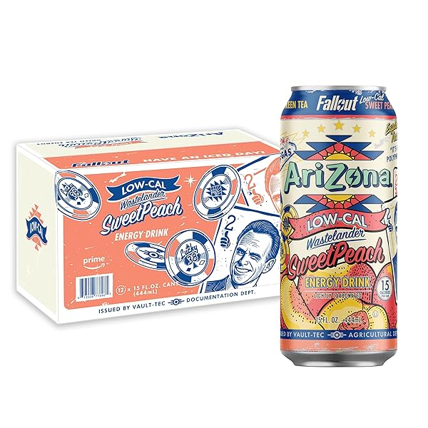 ARIZONA X FALLOUT LOW CALORIE SWEET PEACH GREEN TEA ENERGY DRINK, 15 FL OZ (PACK OF 12) – 190MG CAFFEINE PER CAN