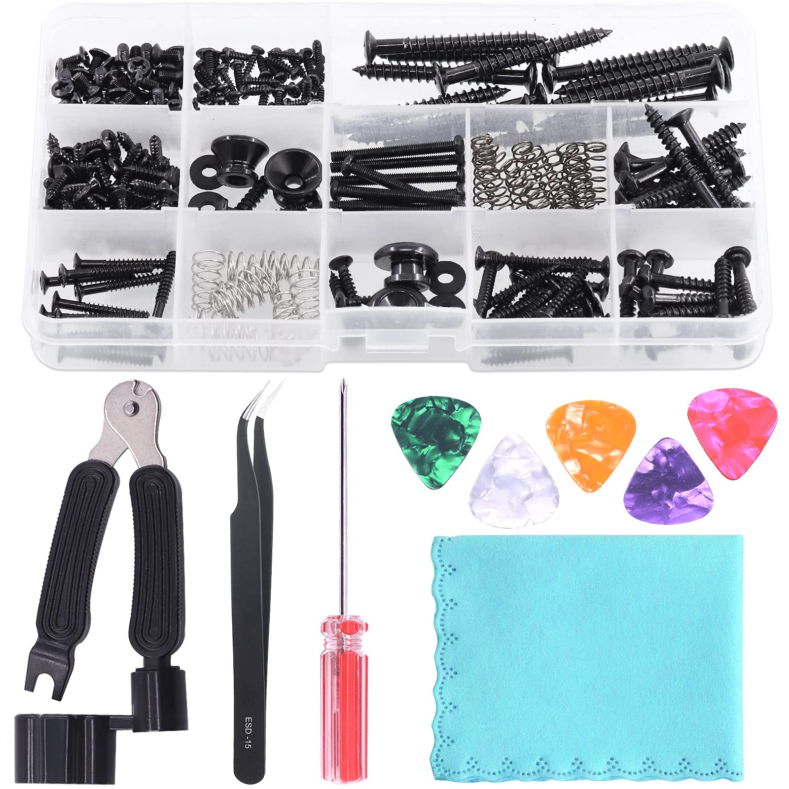 Tanstic 271Pcs Electric Guitar Screws Kit with Springs, Tweezers, Screwdriver, 3Pcs Heart Shape Picks, Cleaning Cloth, 3 in 1 Guitar Maintenance Tool for Electric Guitars Repair and DIY Work