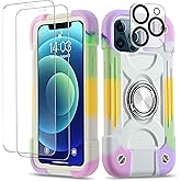 Cookiver for iPhone 12 Pro Max Case 6.7 Inch with Ring Stand, with 2 Pack Glass Screen Protector + 1 Pack Camera Lens Protector,Heavy-Duty Shockproof Cover for iPhone 12 Pro Max (Rainbow White)