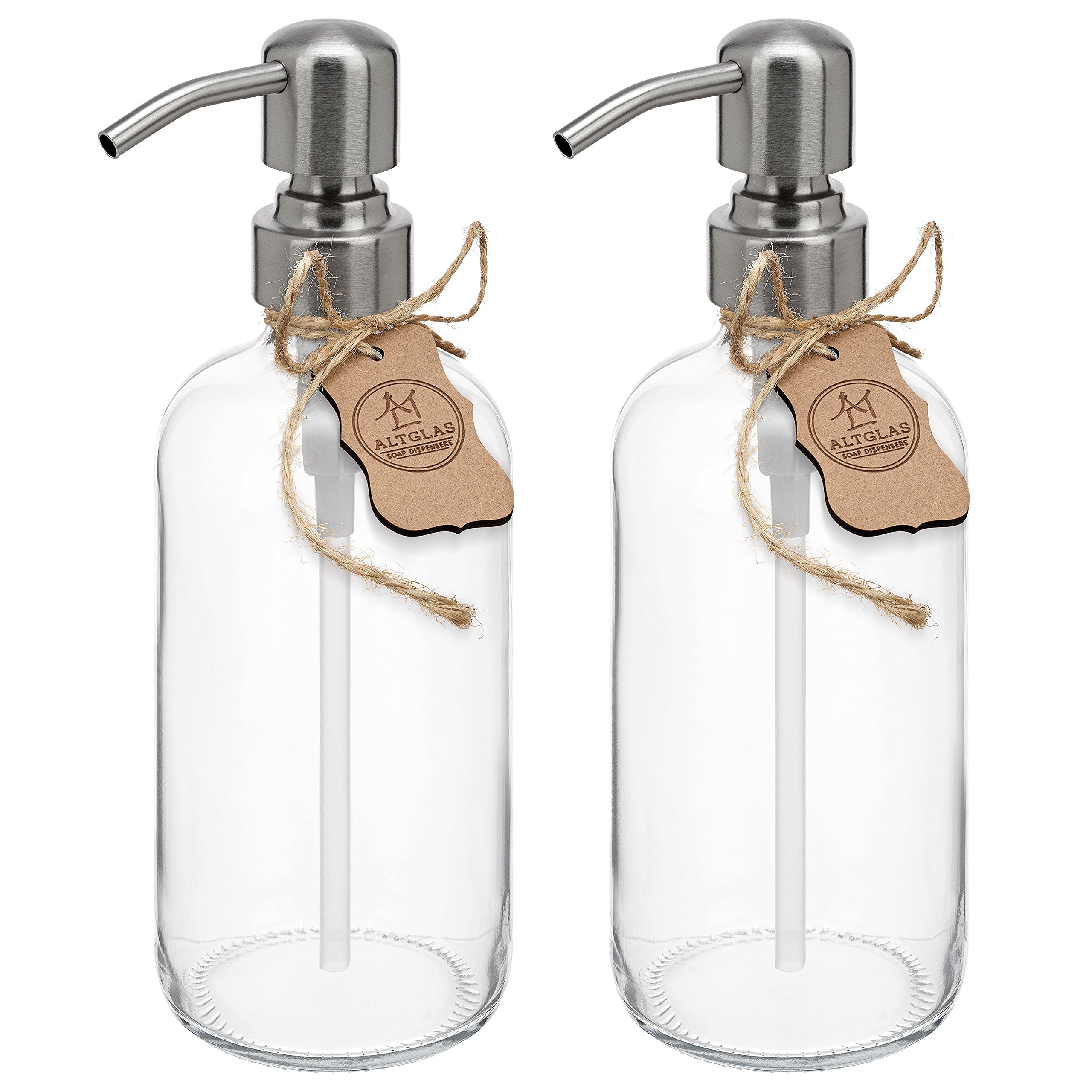 ALTGLAS Refillable Glass Soap Dispenser 'Sarajevo' from Clear Bottle with 304 Stainless Steel Pump in Brushed Silver (500ml, Set of 2)