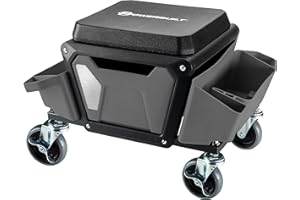 Powerbuilt Rolling Work Seat Brake Stool with 4-inch Rubber Lockable Wheels, Big Seating Platform, Tool Trays and Drawer 330 lb. Capacity, Mechanics, Gardening, Garage - 941881ECE, Grey