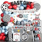 Party Inspo Fast One Birthday Decorations for Boys – Race Car First Birthday Party Supplies with Backdrop, Cake Topper, Banner, Boxes, Foil Balloon, Cupcake Topper, Poster
