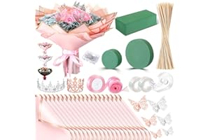 XunYee Gradution Mother's Day Money Bouquet Kit 20 Sheet Flower Wrapping Paper 100 Pcs Bamboo Skewers Floral Foam Blocks for Thanksgiving Anniversary Valentine's Day Birthday Gift(Pink)