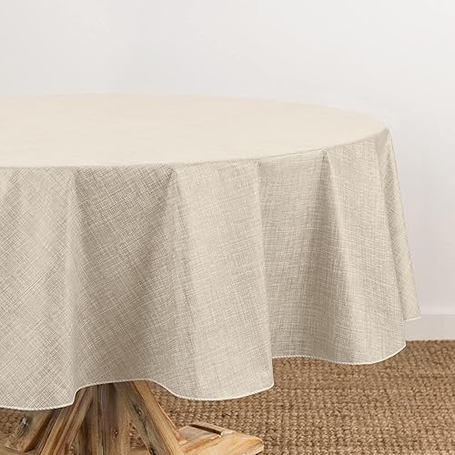 Elrene Home Fashions Monterey Linen Inspired Water- and Stain-Resistant Vinyl Tablecloth with Flannel Backing, 60 inches X 84 inches, Oval, Ivory