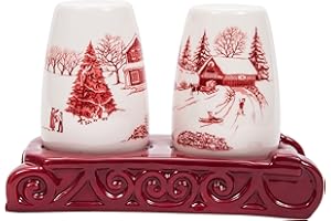 Bico Toile De Jouy Winter Wonderland Salt and Pepper Shaker Set with Sleigh Holder – Hand-Painted Ceramic Holiday Shakers with Stand, Dishwasher Safe Christmas Table Décor