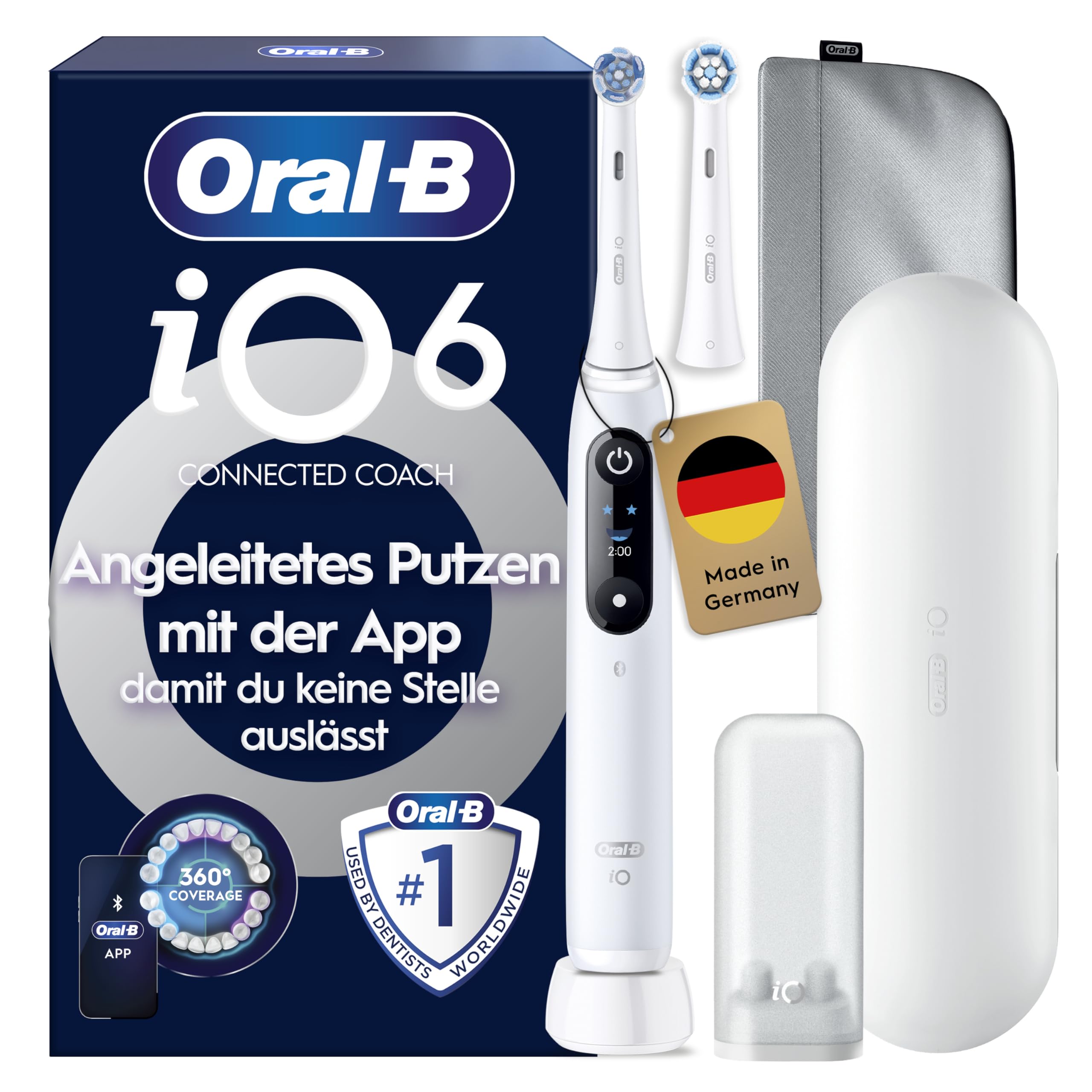 Oral-B iO Series 6 Elektrische Zahnbürste — Electric Toothbrush Inkl. 2 Aufsteckbürsten, Reise-Etui, 5 Putzmodi für Zahnpflege — Zahnbürste Elektrisch, Designed by Braun — Weiß