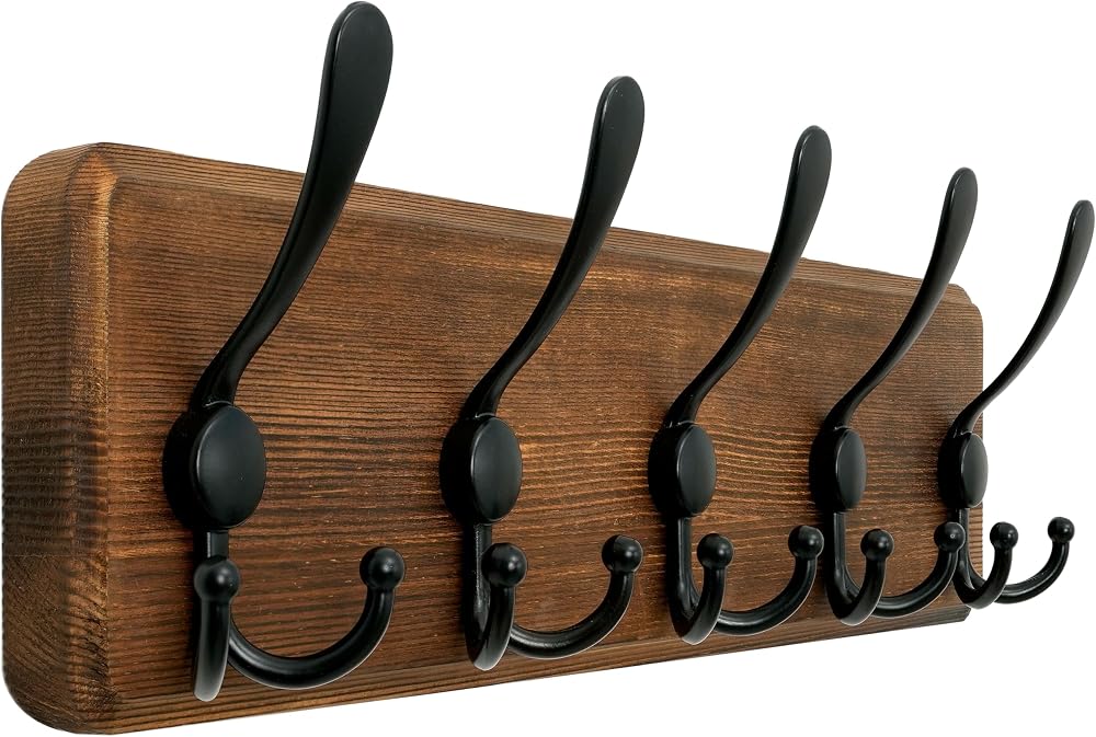 WEBI Wood Coat Rack Wall Mounted 15 Hooks 5 Triple Hooks Rustic Brown 44cm