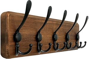 WEBI Rustic Coat Rack Wall Mount,Solid Wood Coat Hooks Wall Mounted Coat Hanger,16" Hole to Hole,Hook Rack Rail,5 Triple Hooks for Hanging Coats,Jacket,Clothes,Brown