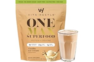 VitaHustle ONE Max Protein Powder, 30g Plant Protein + 5g Creatine, All-in-One Meal Replacement Shake with Greens, Adaptogens, Ashwagandha, Probiotics & Vitamins – Vanilla Ice Cream, 15 Servings