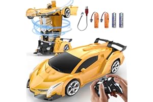 KKM Remote Control Car Toy, 2.4Ghz Transform Robot RC Cars with Flashing Light, 1:18 Scale One Button Deformation Toy Gift Car & 360° Rotating Drifting RC Toy Car for Age 6-12 Years Boy Kids-Yellow