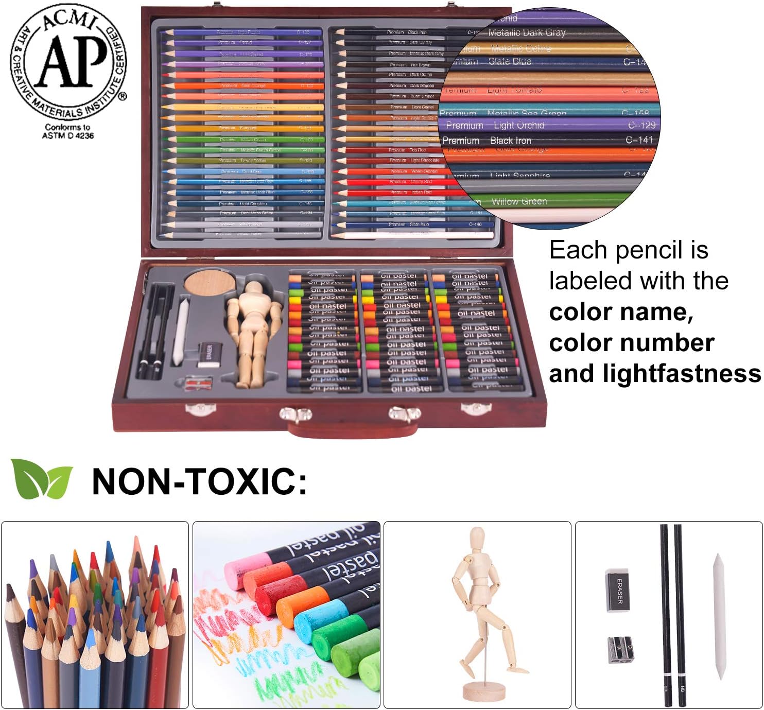 93 Piece Professional Art Set，Drawing kit，Colored Pencils, and Oil Pastels in Wooden Box, Art Supplies for Kids, Teens and Adults