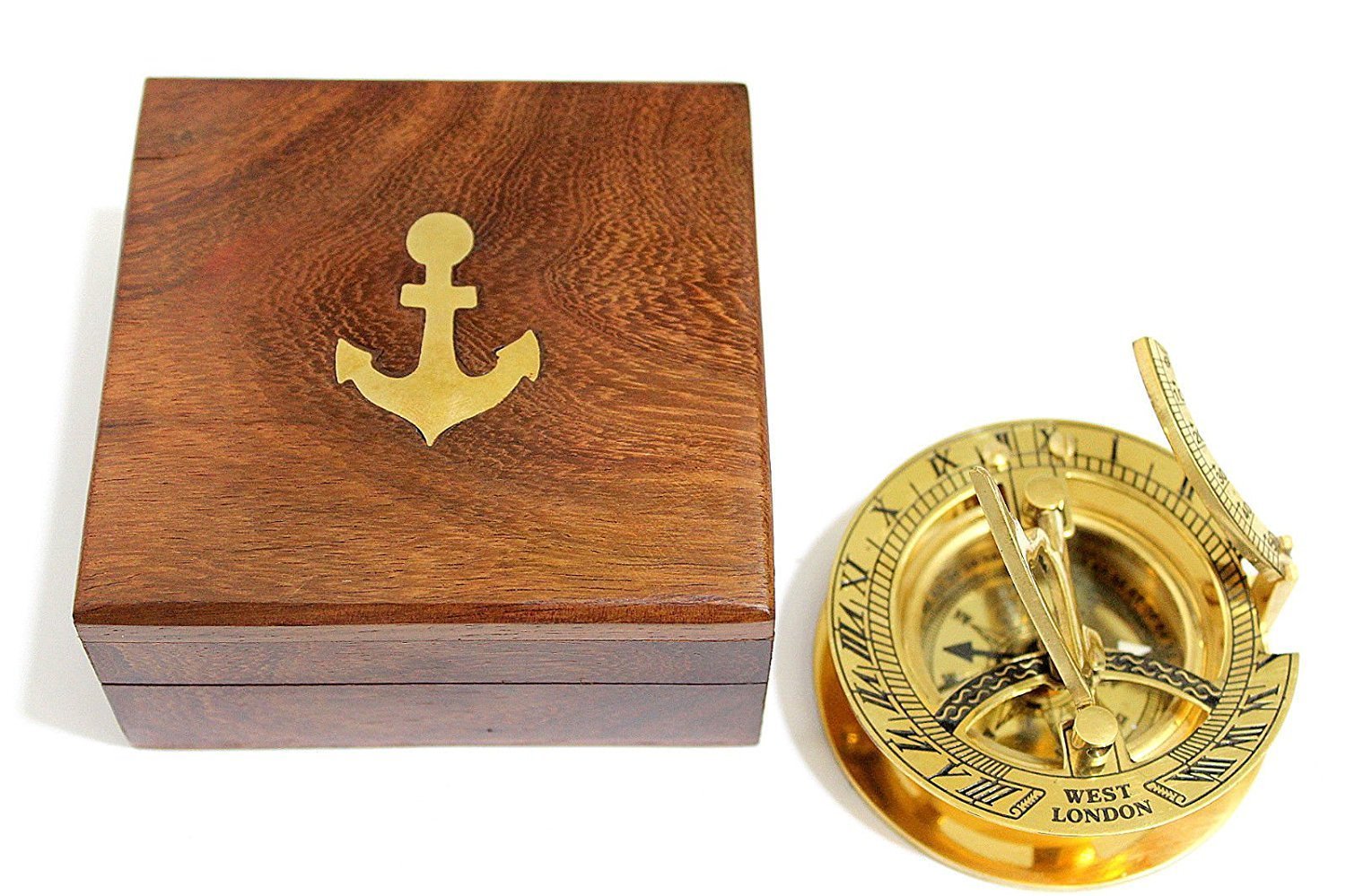 3" Sundial Compass with Teak Wood Box Inlaid with Solid Brass