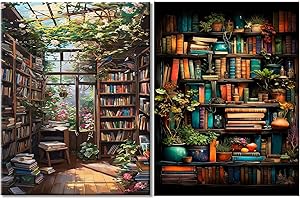 2 Pack Bookshelf Adult Paint by Number Kits(with Gifts Box)-Bookshelf Paint by Numbers Adult Kit,DIY Painting by Numbers for 