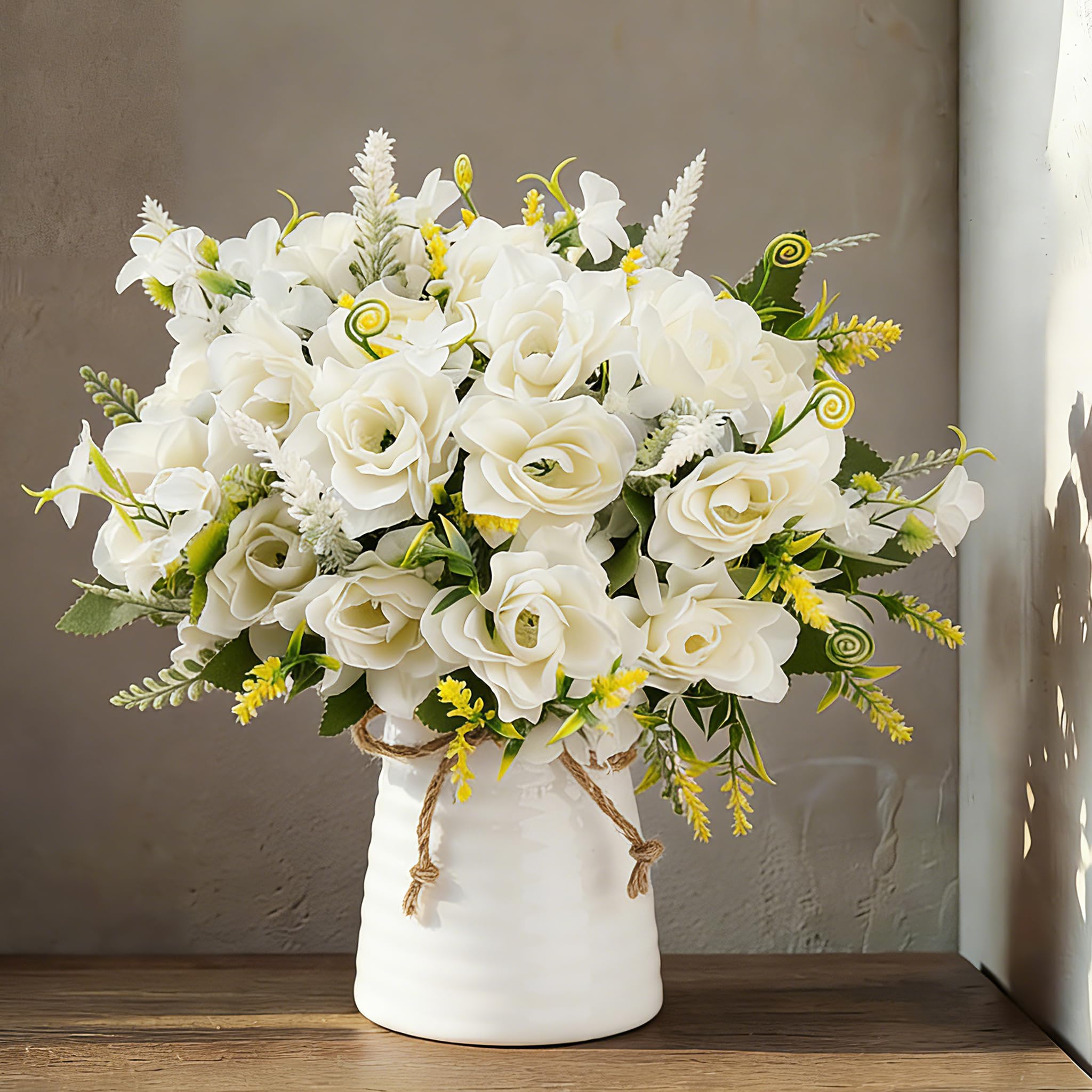 LESING Artificial Flowers with Vase for Table Centerpieces,Fake Silk Gardenia Flower in Vase Decoration for Home Office Party (White)