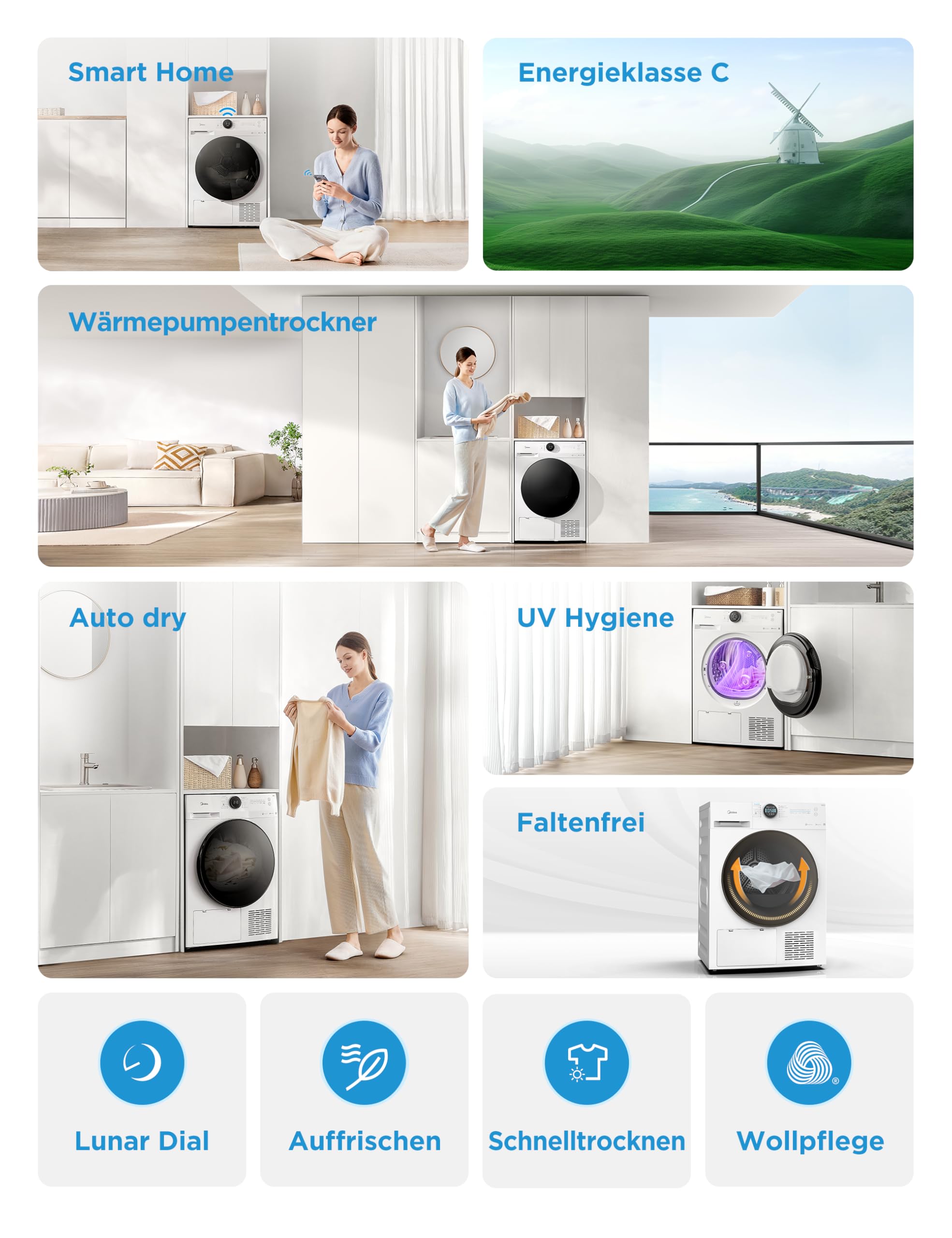 Midea MD20EH80WB-A3 Wärmepumpentrockner, 8 kg, Energieklasse C, UV Hygience, Knitterschutz, Sanfte Pflege, Auto Dry, Wollpflege, Auffrischen, Fernsteuerung, Startzeitvorwahl, Weiß [Energieklasse C] 2