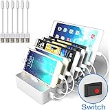 6 USB Charging Station JZBRAIN Multiple USB Charger Station with Lightning and Micro USB Dual Short Cables for Apple Products iphone ipad ipod iwatch and Android Devices cell phone tablets (White)