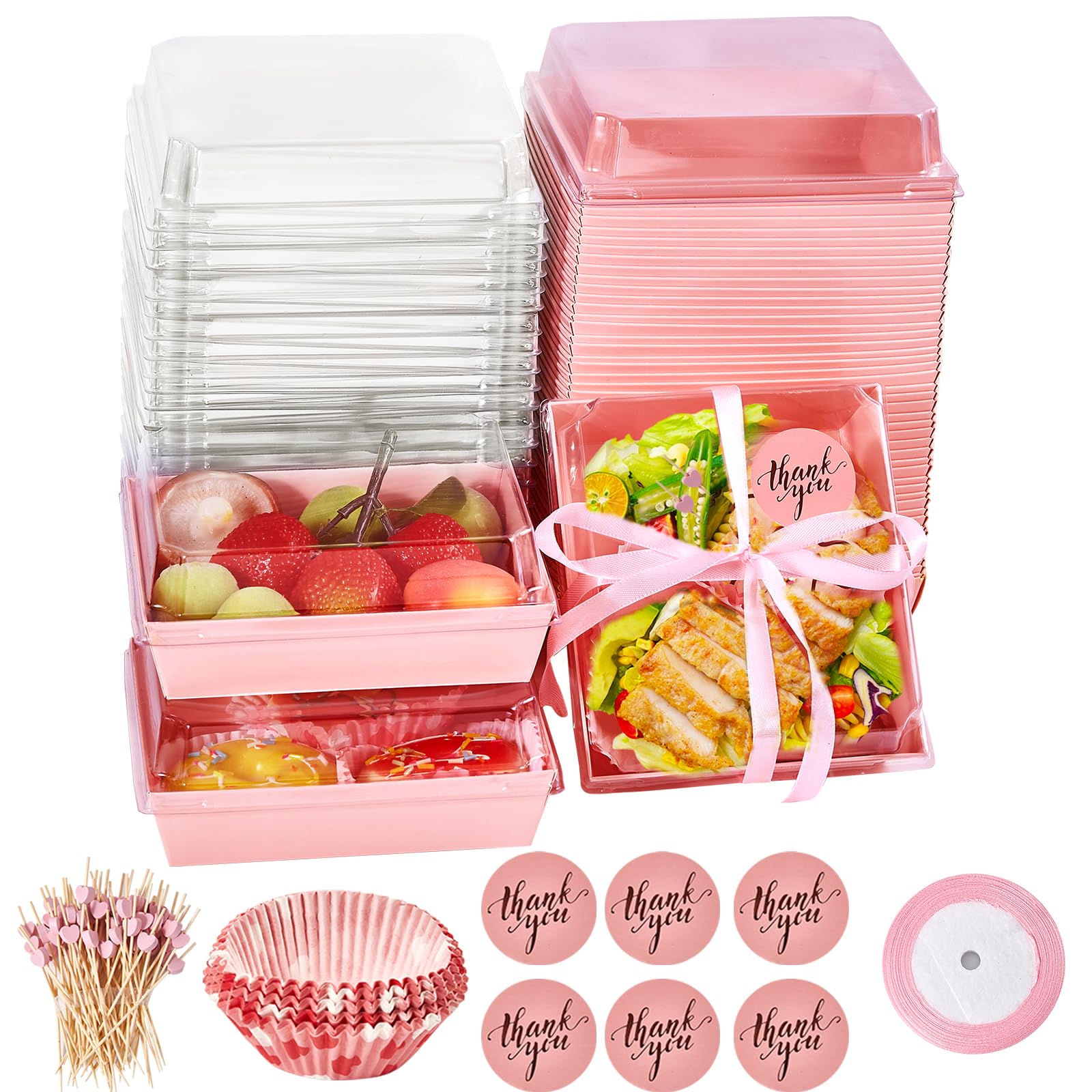 Photo 1 of 100 Pack Charcuterie Boxes with Clear Lids, 5.5 Inch To Go Paper Mini Food Containers, Disposable Dessert Sandwich Boxes +100 Toothpicks+ 100 Cupcake Liners for Cookies Donuts Muffins and Salad, Pink