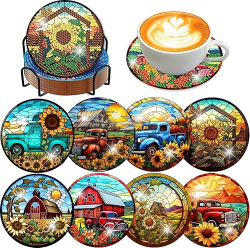 8 Pcs Diamond Art Coasters Kit with Holder for Adults,Sunflowers Diamond Painting Coasters Kits with Cork Pads,DIY Stained Glass Sunflower Gem Painting Coaster Set Crafts.