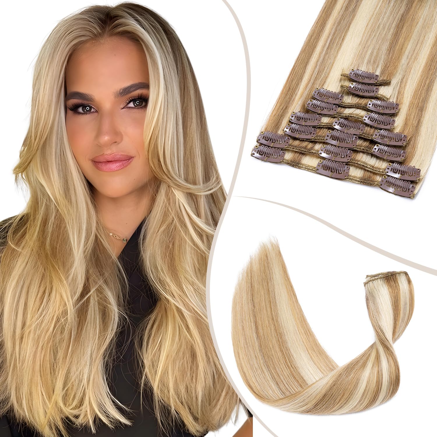 TESS Clip in Hair Extensions Real Human Hair Highlighted Remy Seamless 8 Pieces Straight for Women/Girls (#12P613 Golden Brown & Bleach Blonde, 20 Inch 70g) — image 1