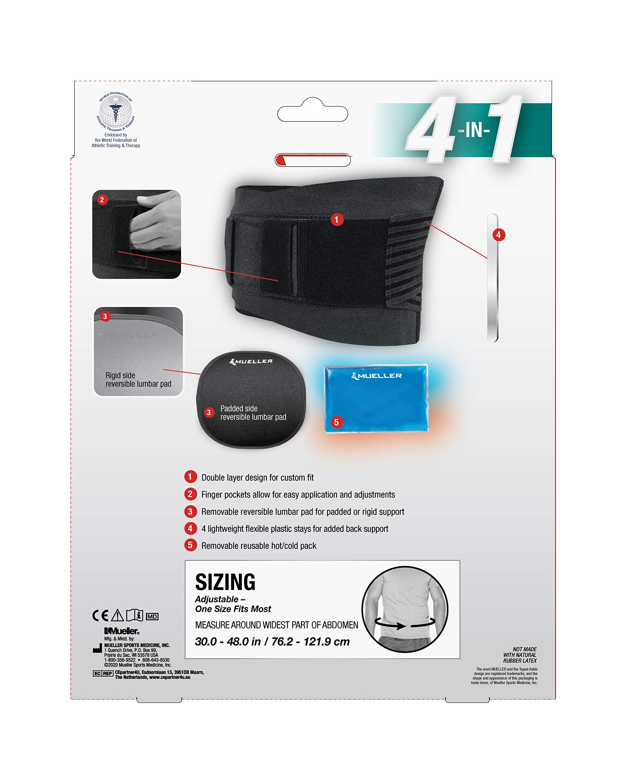 MUELLER Sports Medicine 4-in-1 Lumbar Back Brace with Hot/Cold Pack, Ideal for Upper and Lower Back Pain, Relief & Support for Men and Women, Strains, Sciatica, Scoliosis, Black, One Size