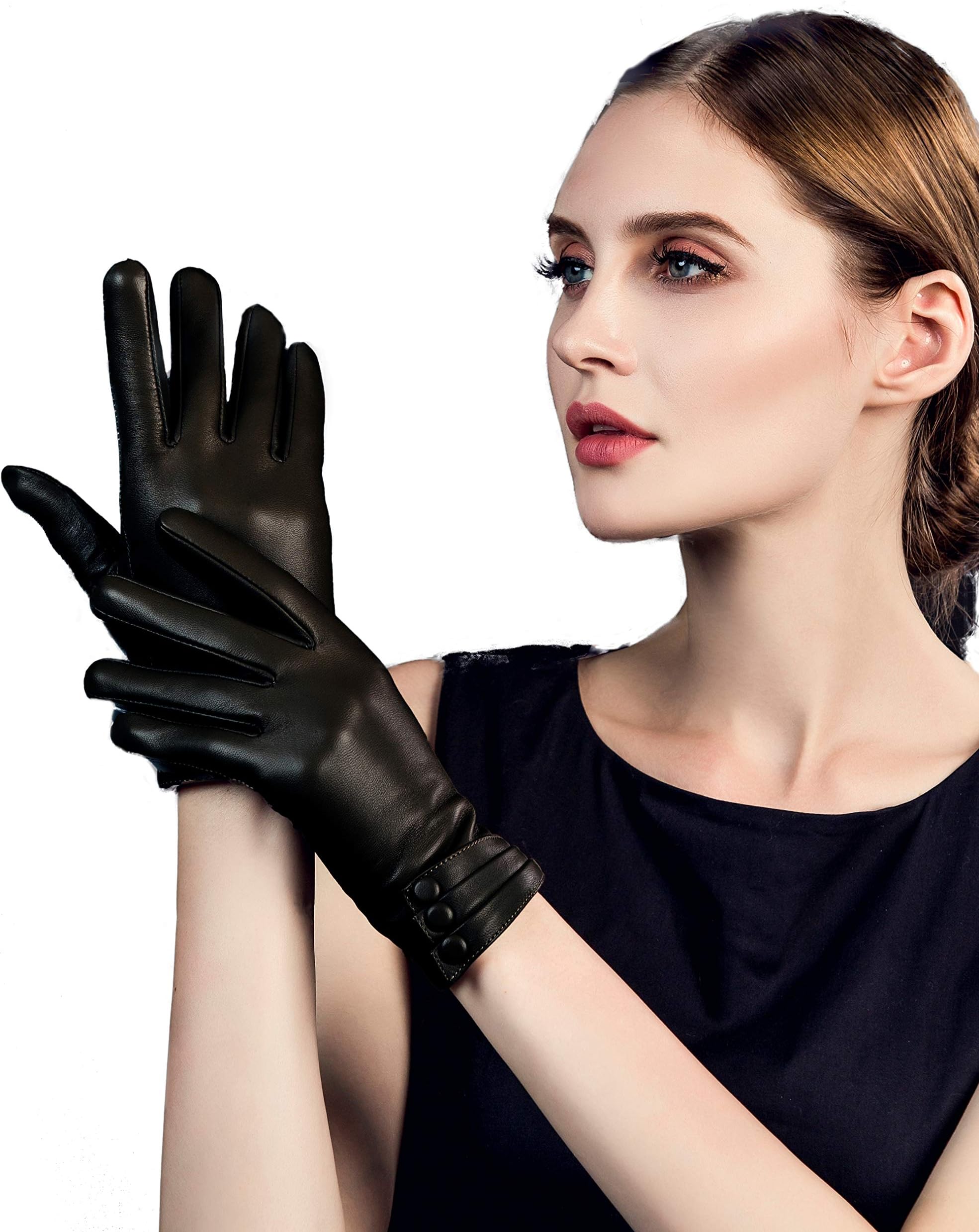 YISEVEN Womens Winter Driving Touchscreen Leather Gloves Wool Lined Buttoned Cuff