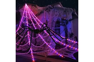 INST Spider Webs Halloween Decorations Outdoor 290 LED Halloween Spider Web Lights Decoration with 78.7" Large Spider & 3.53 oz Stretch Cobweb 23 Ft Giant Lighted Web with 8 Modes (Purple & Orange)