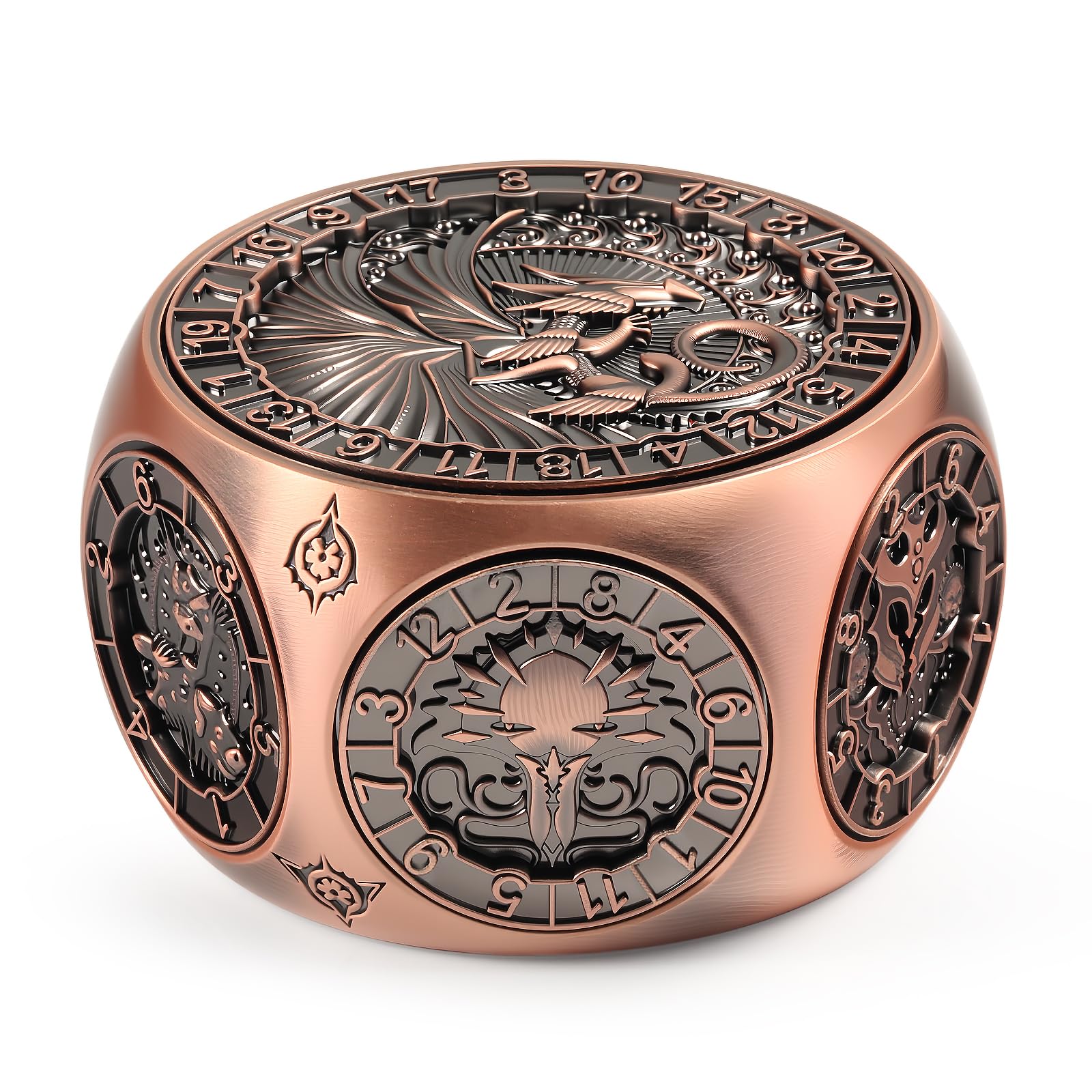DNDND Copper 8-in-1 Spinner Dice with Dual D20 - Monster Themed Hexagonal Metal Dice for Dungeons and Dragons D&D, TTRPG with Collectible Gift Tin
