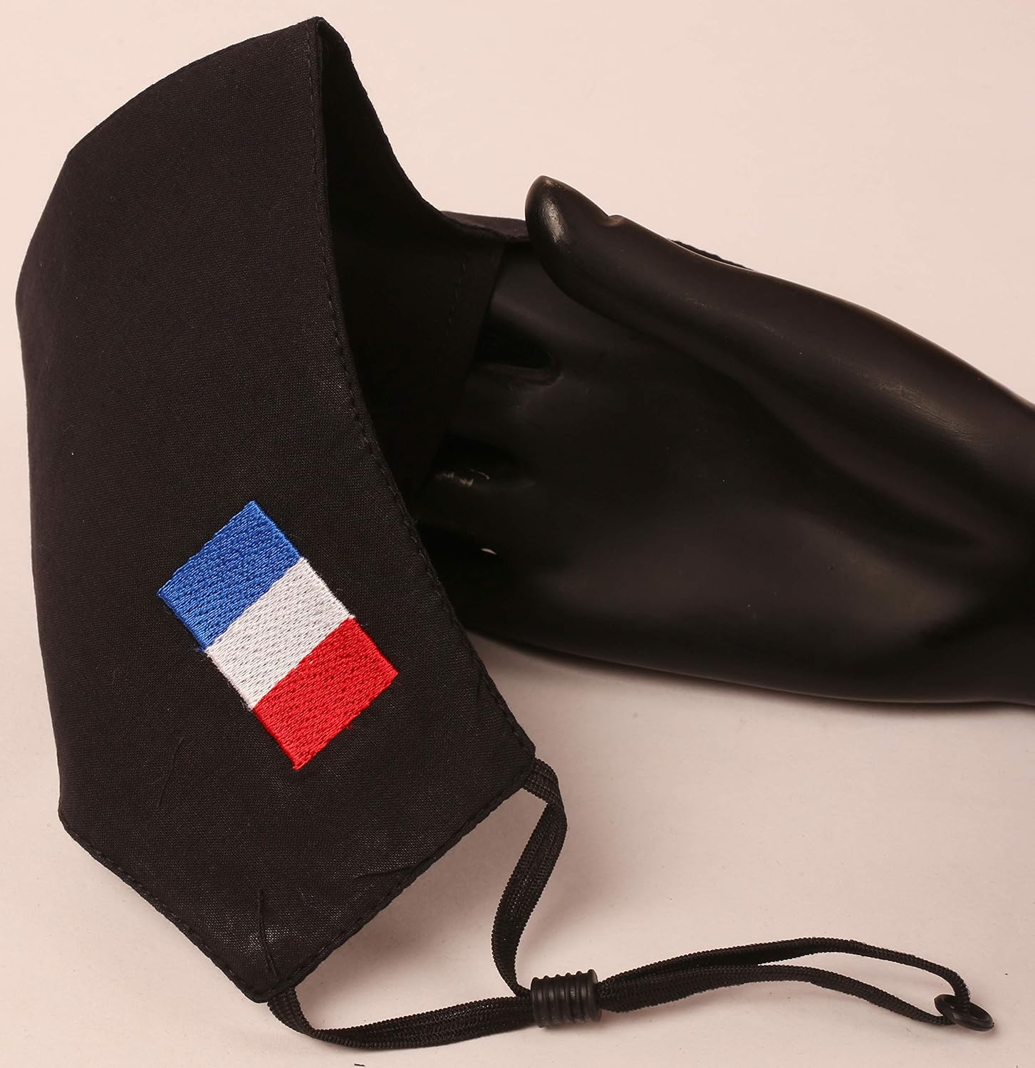 Touchstone French Flag embroidered 3 layer medium size cotton face masks reusable machine washable adjustable for men women. (Pack of 1). Black - Image 4