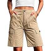 Eddoyee Bermuda Cargo Shorts for Women Casual Long Knee Length High Waisted Stretch Wide Leg Relaxed Fit