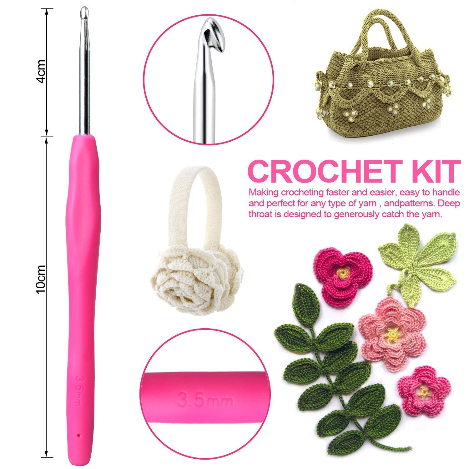 Spring 11pcs Rainbow Crochet Set ergonomic soft rubber ergonomic handle with crochet hooks 19pcs Accessories (Rosa)