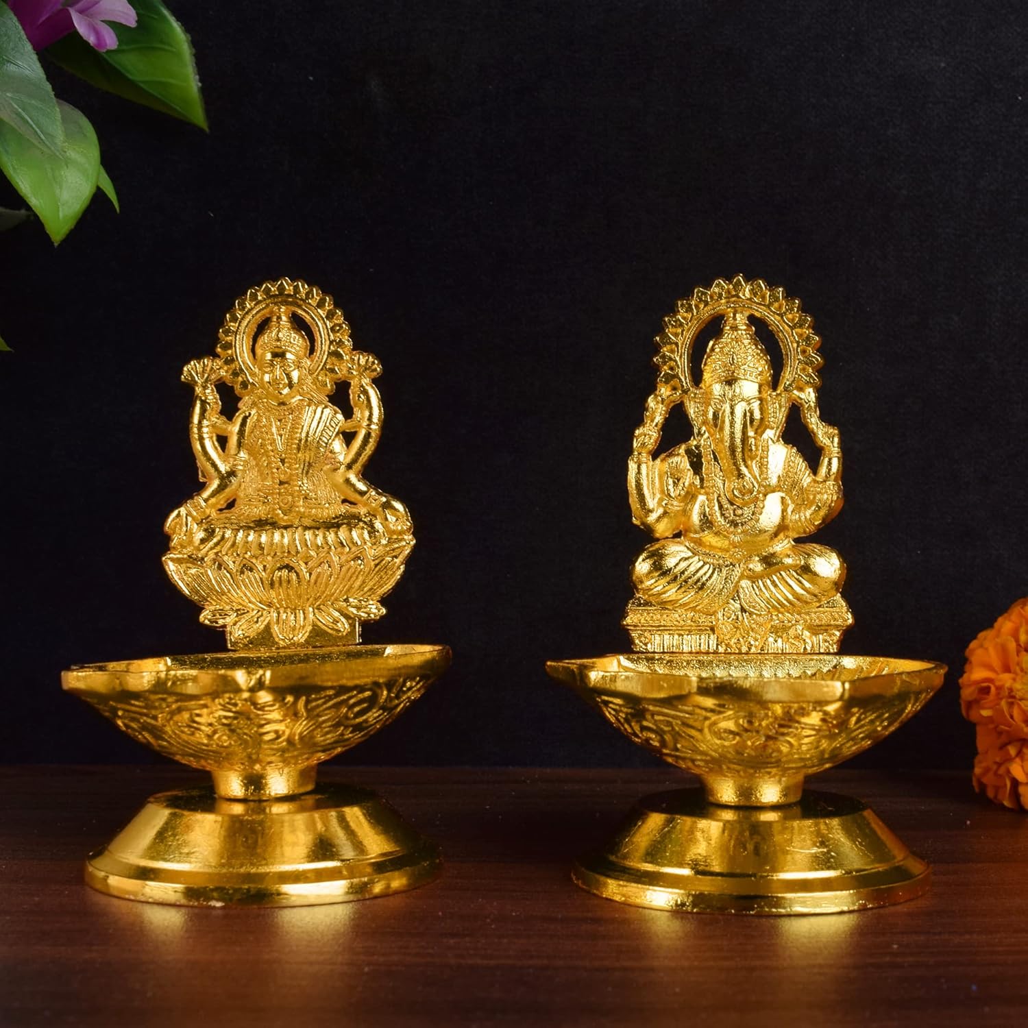 Oil Lamps & Accessories - SATVIK Set of 1 Pc Laxmi Ganesha Pair Metal Diya Luxmi Ganpati Dia Lord Ganesh Lakshmi Murti Idol Statue Oil Lamp Decor Home Mandir Office Indian Hindu Diwali Pooja Pujan Housewarming Return Gift Item