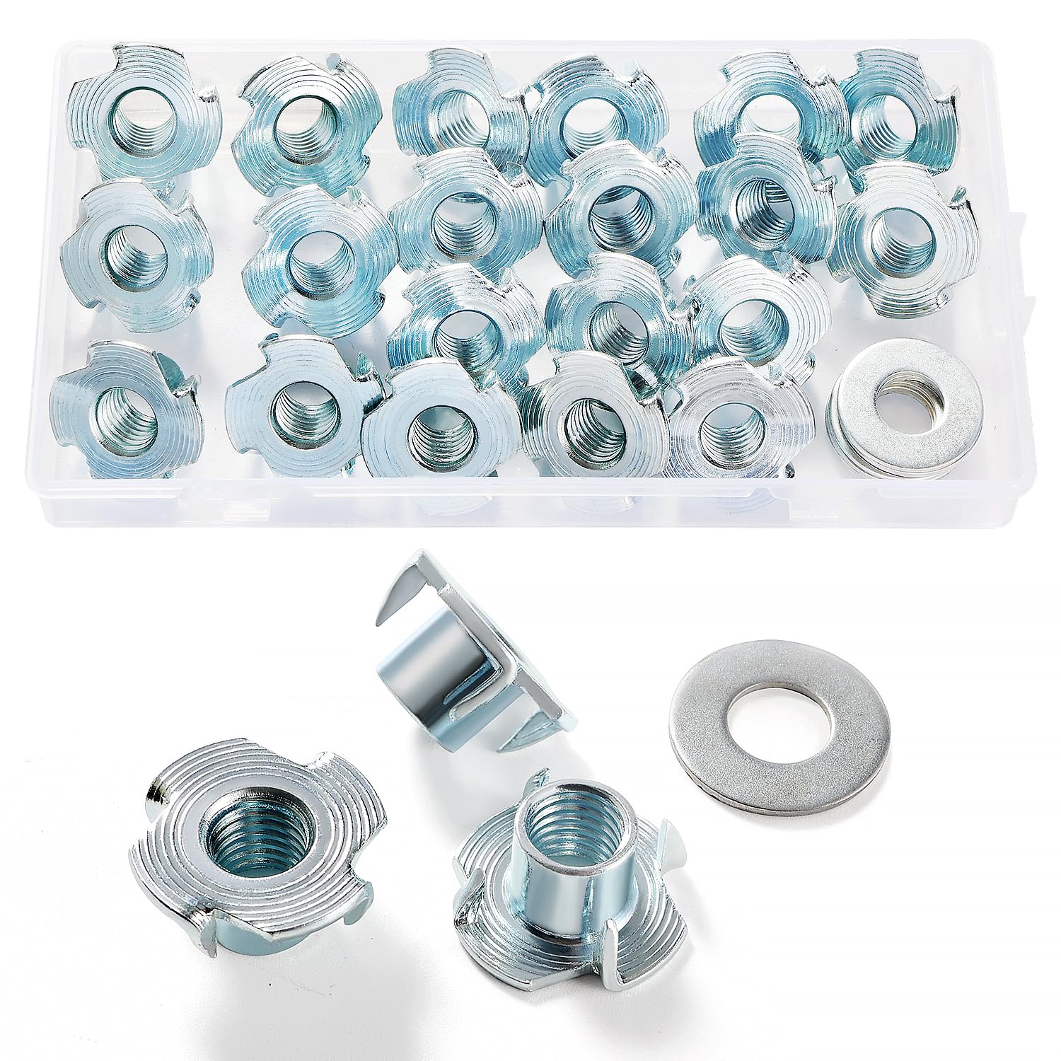 Lyeteung 20 PCS M10 × 12mm T Nuts, Four Pronged Tee Nuts, Threaded Insert T Nut, with 5 PCS Washers, for Wood, Cabinetry, Furniture