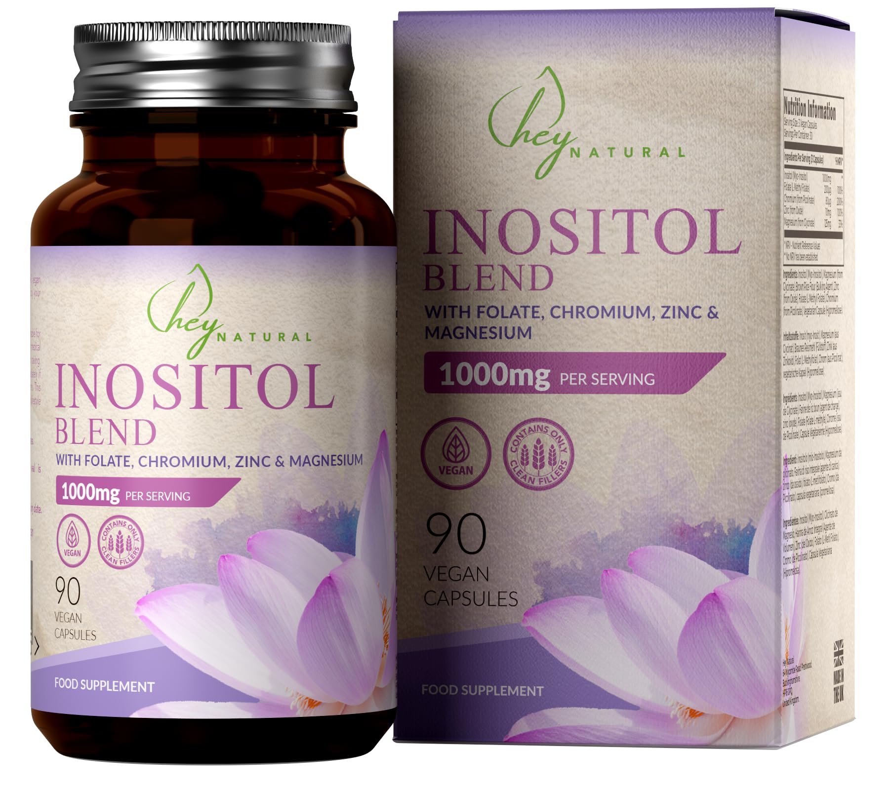 HN Inositol Supplement | 90 Vegan Capsules - 1000mg Myo-Inositol per Serving with Methyl Folate, Chromium, Magnesium Glycinate and Zinc | Female Support Supplement | Non-GMO, Gluten & Allergen Free