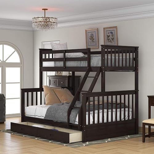 MERITLINE Twin Over Full Bunk Bed with Storage Drawers, Wooden Bunk Bed ...