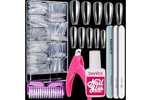 Teenitor Clear Coffin Nail Tips Set, Long Acrylic Nail Kit Full Cover Clear Press On Nails, 600 Pcs Fake Nails with Glue, Acrylic Nail Clipper Files and Buffer Polisher