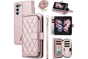Furiet Wallet Case for Samsung Galaxy Z Fold 5 5G 2023, Wrist Strap Crossbody Shoulder Strap, 9+ Card Slots Zipper Purse, Luxury PU Leather Stand Cell Phone Cover for ZFold5 Z5 G Fold5 5Z Rose Gold