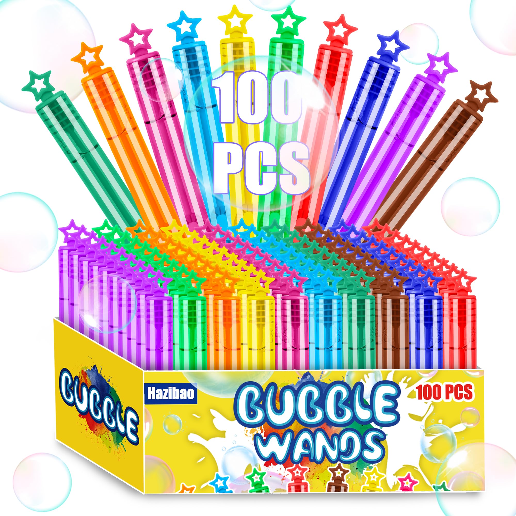 Photo 1 of 100 PCS Bubble Wands for Kids, 10 Colors Bulk Bubble Wand with Star Top, Perfect for Birthday, Carnival, Summer Outdoor Toys,Goody Bags Stuffer,Prize,Party Favors, Wedding