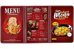 WeChef 30 Pack Menu Cover Triple Fold 6 View Double Stitch Trim Fit 8.5X14 Paper Transparent Cafe Restaurant Burgundy