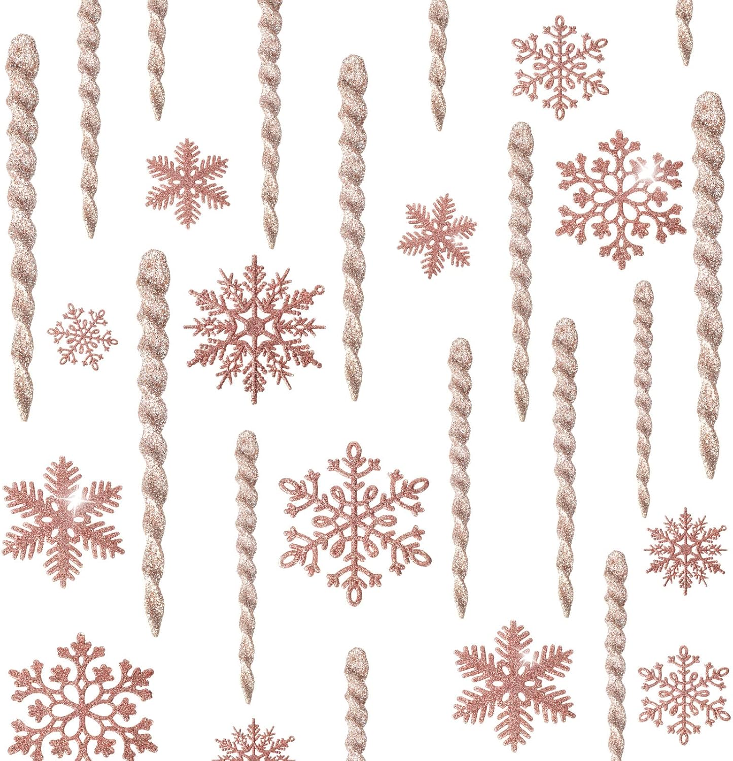 Ornaments - 48 Pieces Christmas Snowflake Icicle Ornaments Set Plastic Glitter Icicle Snowflake Tree Ornaments Aluminum Spiral Strip Hangings Ornaments for Christmas Holiday Wedding Party Decoration (Rose Gold)